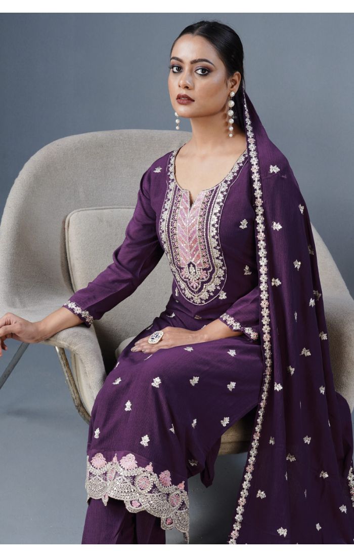 Buy Wine Cotton Embroidered Kurta Set with Floral Dupatta online - Appelle Fashion | SALV5703