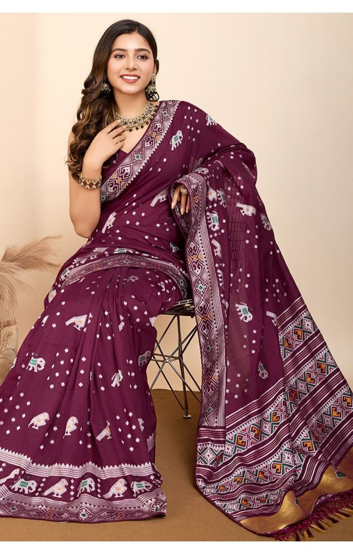 Wine Soft Silk Saree with Golden Zari Border and Traditional Weaving for Wedding & Festive Wear