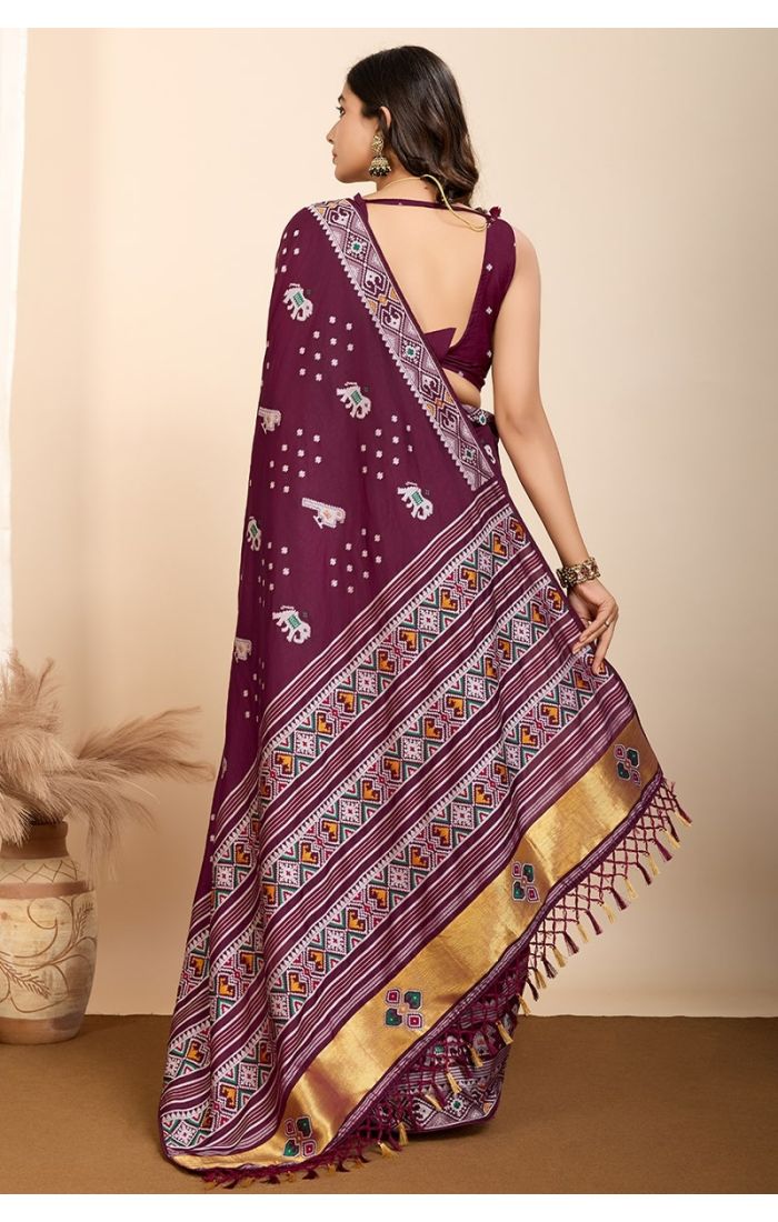 Wine Soft Silk Saree with Golden Zari Border and Traditional Weaving for Wedding & Festive Wear