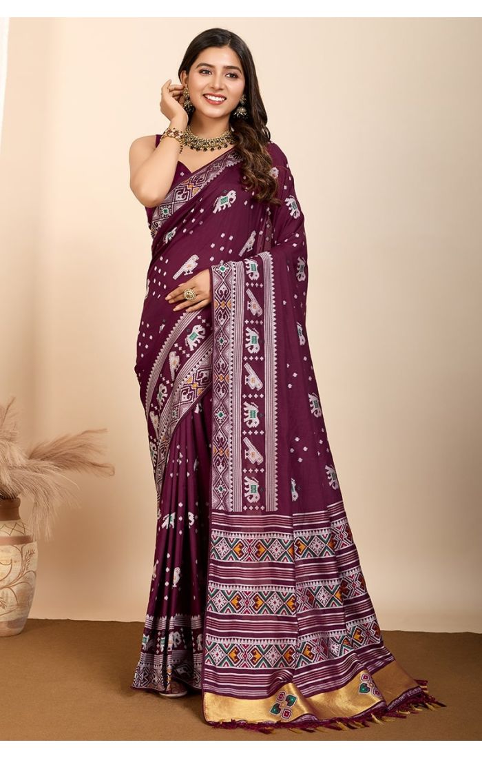 Wine Soft Silk Saree with Golden Zari Border and Traditional Weaving for Wedding & Festive Wear