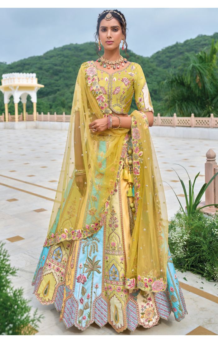 Yellow and Aqua Multicolored Embroidered Lehenga Choli with Floral Patterns and Yellow Dupatta for Weddings and Festive Occasions