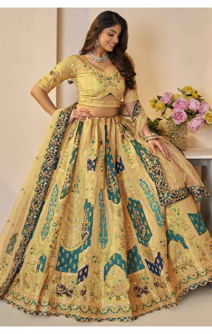 Side pose showcasing lehenga flare and dupatta border