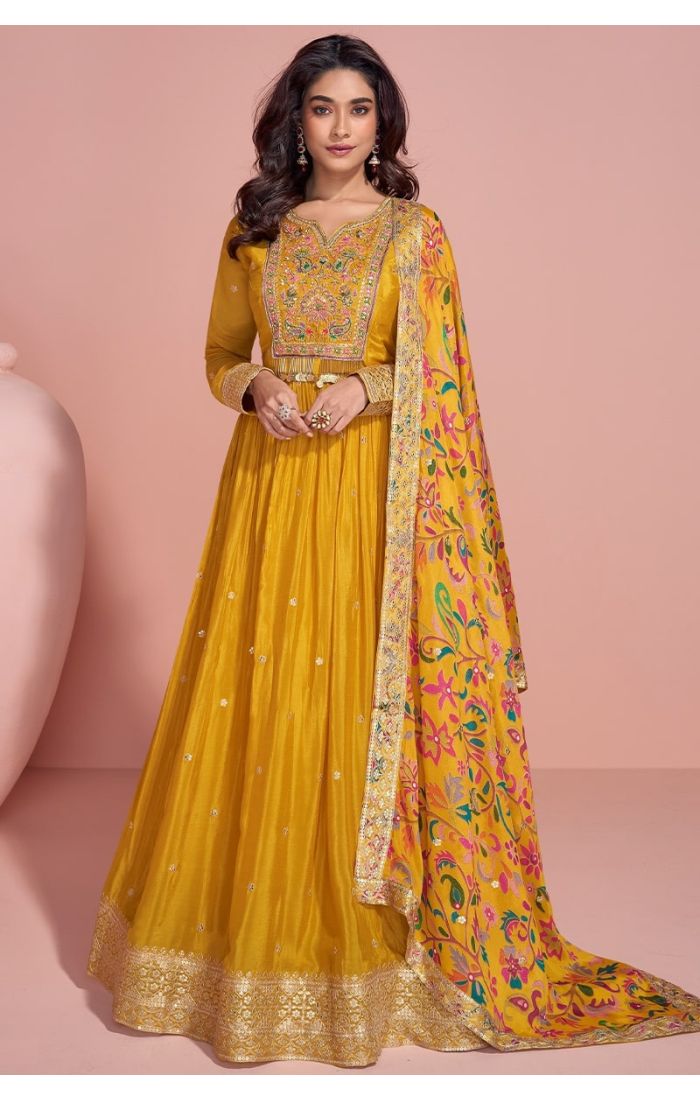 Yellow Chinon Anarkali Suit with Embroidered and Printed Dupatta 