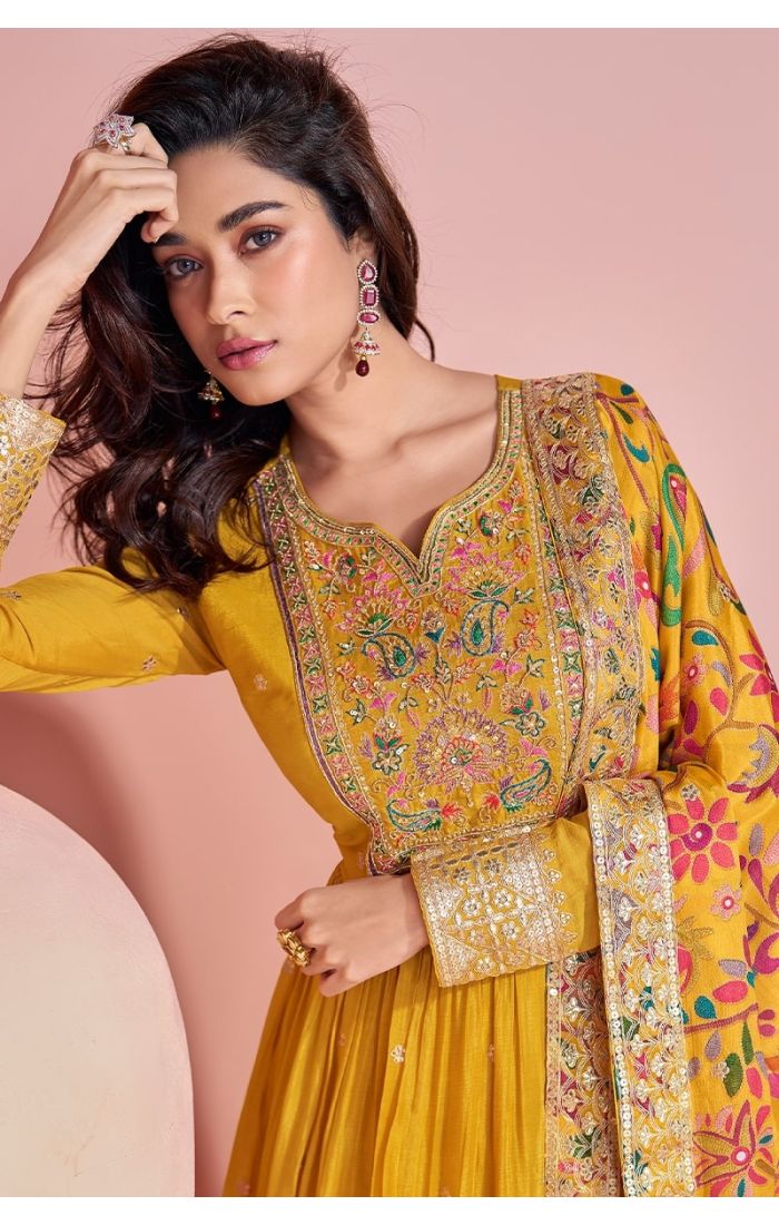 Yellow Chinon Anarkali Suit with Embroidered and Printed Dupatta 