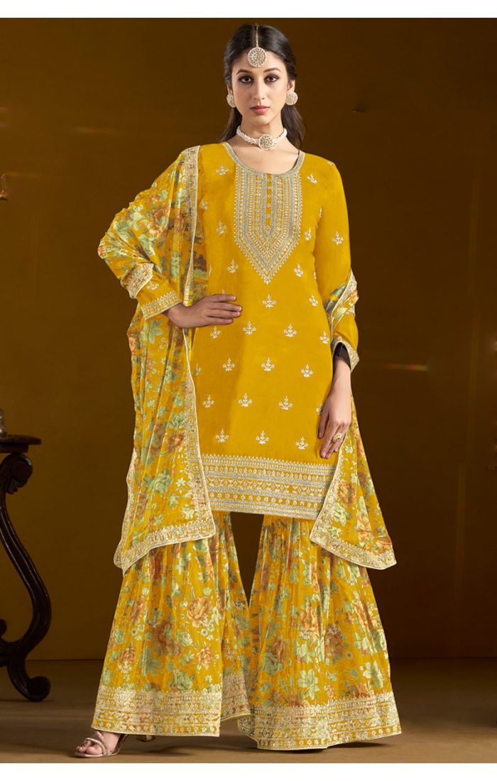 Yellow embroidered sharara suit front view with floral dupatta – SALV5734