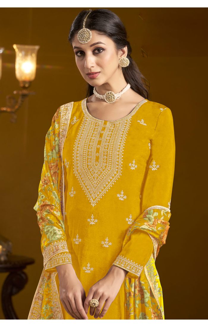 Close-up of neckline and sleeve embroidery on yellow sharara suit – SALV5734