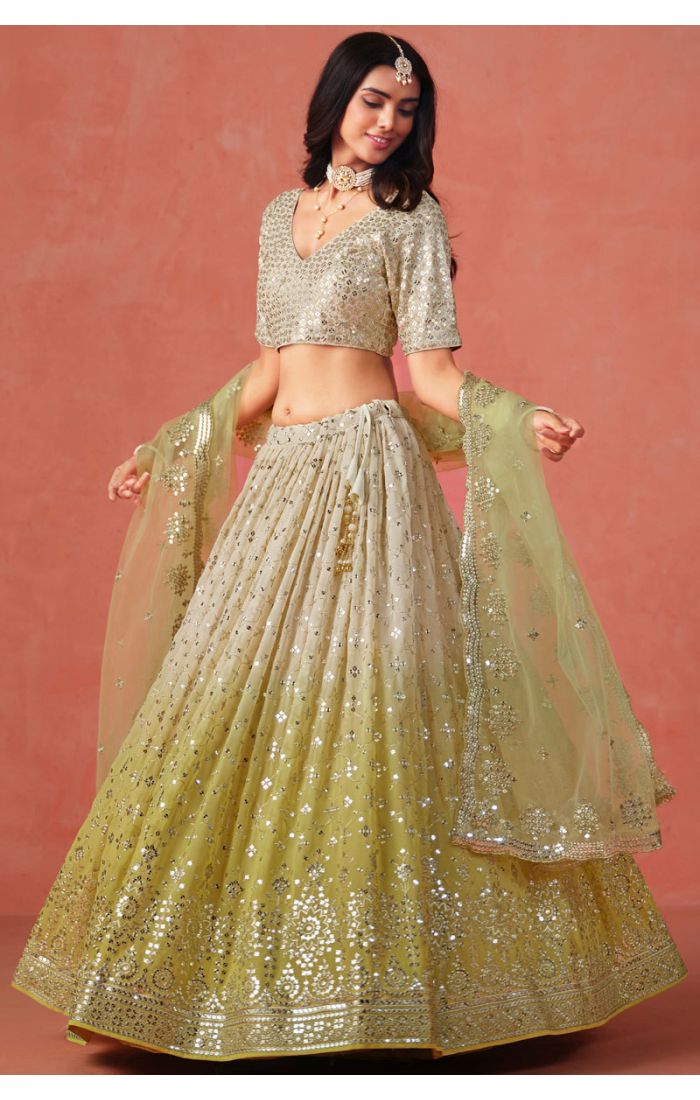 Full-Length View of Yellow Georgette Lehenga Set with Net Dupatta