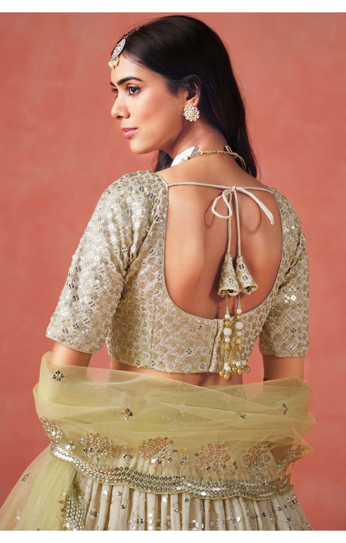 Yellow Bridal Lehenga Back-Pose with Zari and Sequin Work – LEHV4044
