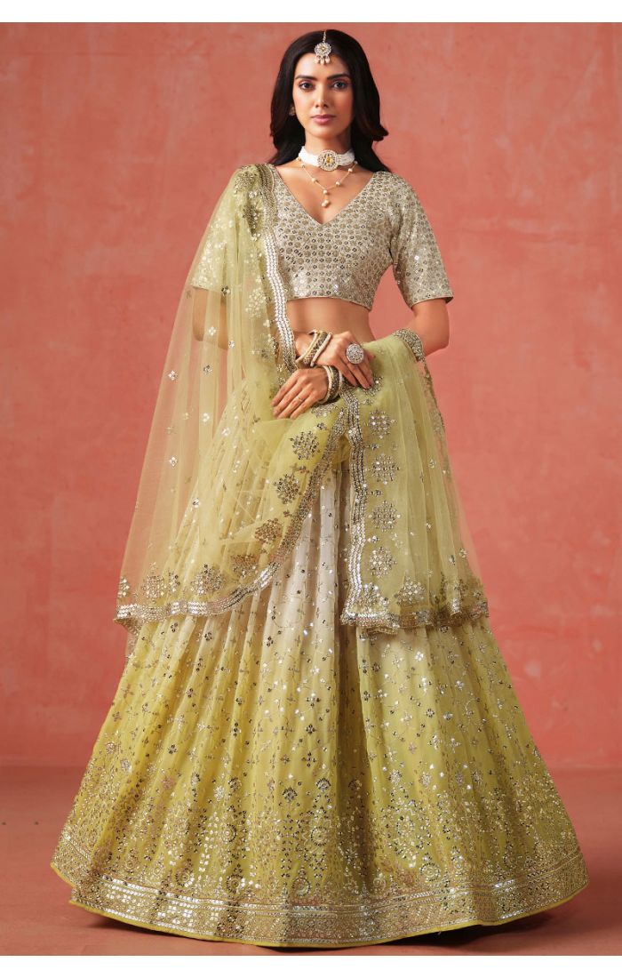 Full-Length View of Yellow Georgette Lehenga Set with Net Dupatta
