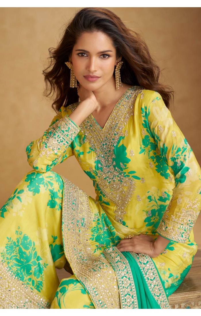 Yellow Green Floral Silk Palazzo Suit with Embroidery, Long Sleeves, and V-Neckline – SALV5788