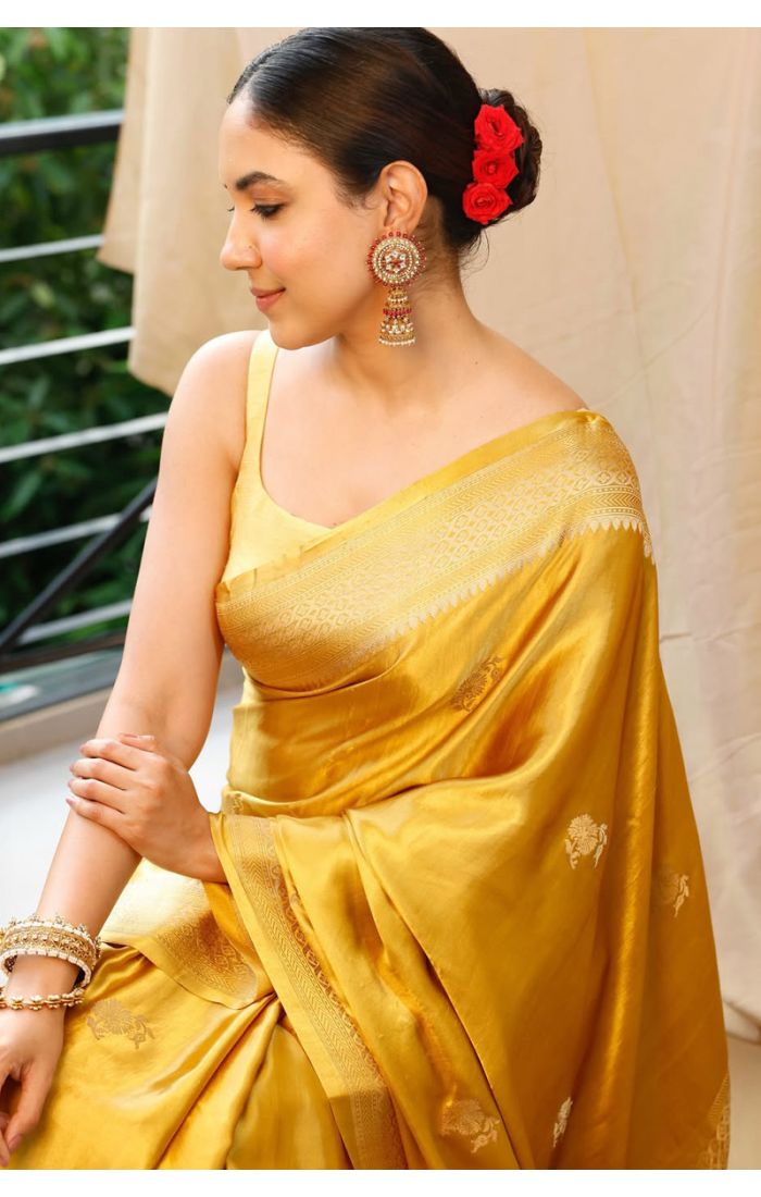 Yellow Kanjivaram Silk Saree with Zari Work – Full View