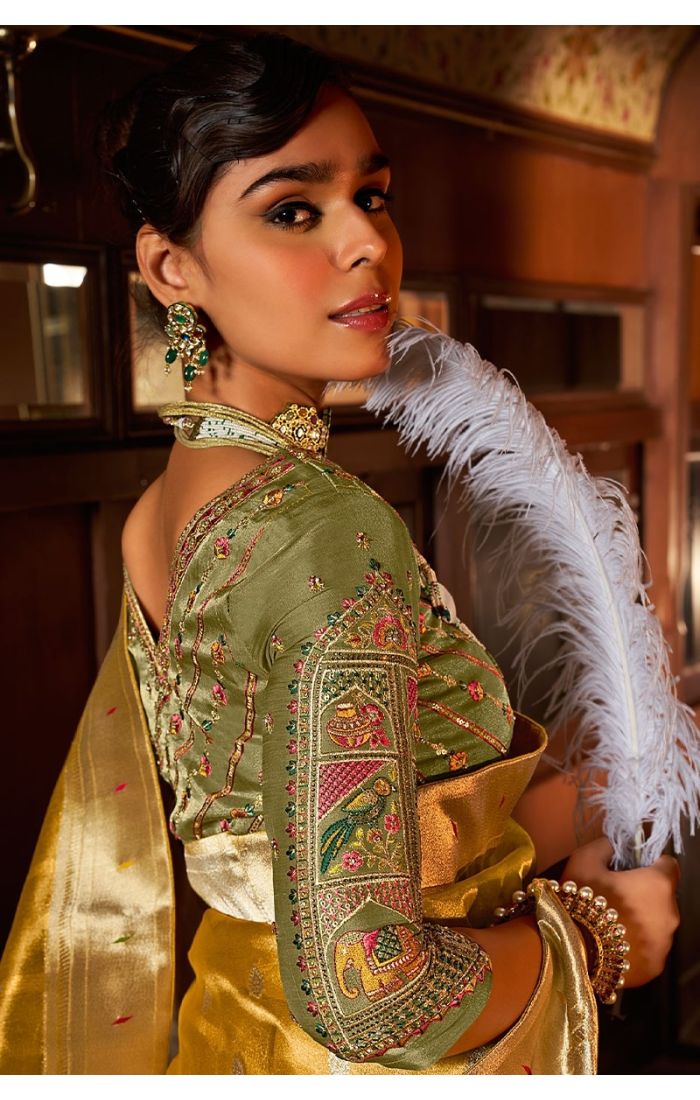 Detailed embroidery close-up on pallu and border