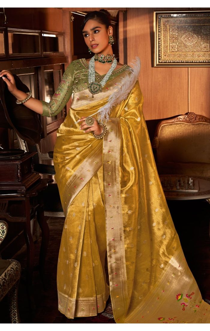 Yellow Paithani silk saree full-length drape with zari and stone detailing