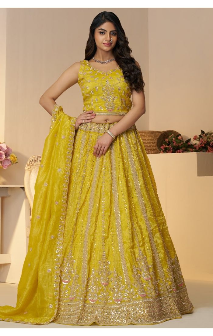 Front view of yellow sequin haldi lehenga with blouse and dupatta – ethnic bridal outfit UK