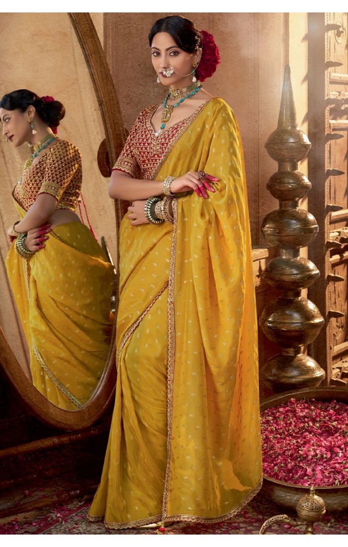 Yellow viscose crepe saree with zari resham embroidery and lace border – full view