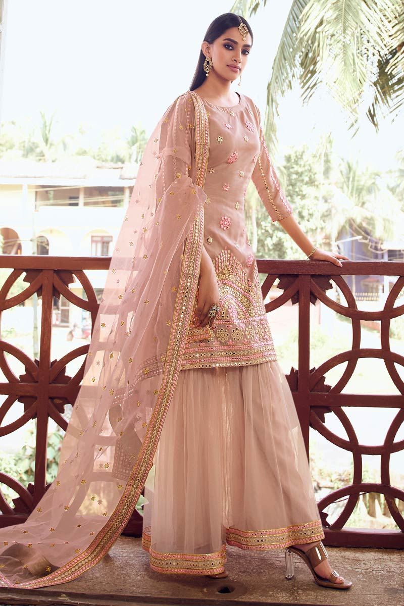 Buy Peach Organza Fabric Party Wear Sharara Suit with Net Dupatta Online SALV2220 Appelle Fashion